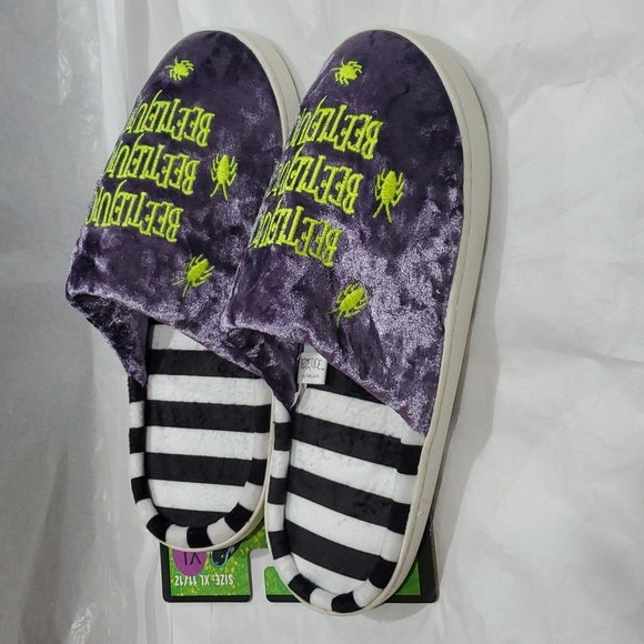 Beetlejuice purple velour black white stripe indoor outdoor slippers size XL new - Picture 1 of 12